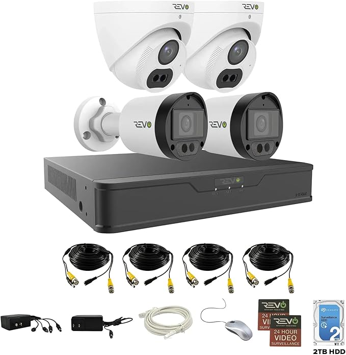Revo Hybrid 8CH 4K Security System, 2TB Video Surveillance Grade HDD, 4X 4K Indoor/Outdoor IR Cameras with Built-in Microphone, Remote Viewing via Smartphone, PC and MAC (no Monthly fees)