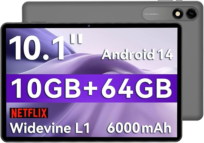 Android 14 Tablet,10 inch Tablets, Octa Core CPU, 10GB+64GB+512GB Expansion, Wi-Fi6, 6000mAh Battery Tablet PC, Dual Camera, 1280x800 Display Screen, Widevine L1 Google Kids Space
