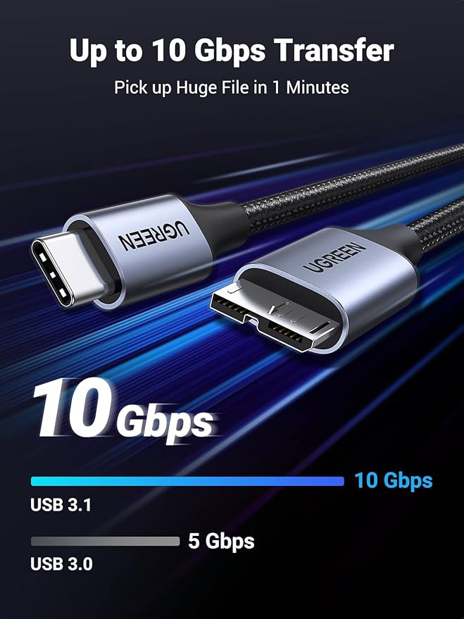 UGREEN 10 Gbps Micro B to USB C Hard Drive Cables, 3.3FT USB C to Micro B, External Hard Drive Cable Compatible with MacBook Pro/Air, iPad/Tablet, iPhone, Samsung Galaxy S24, WD Seagate etc