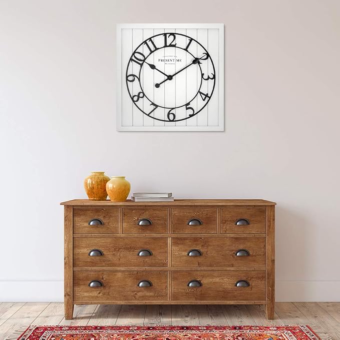Presentime & Co 21" Farmhouse Square Shiplap Barn Door Wood Clock - White, Arabic Numeral. Home Decoration/Wall Decoration/Farmhouse Décor for Living Room, Dining Room, and Entryway.