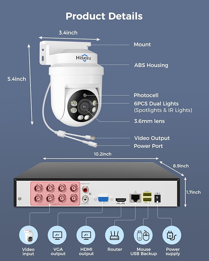Hiseeu 3K 360°View PTZ Wired Security Camera System with Color Night Vision,Audio 8ch 5MP DVR,4PCS Cameras,1TB HDD,Person/Vehicle Detection,Home CCTV Camera System Outdoor,24/7 Record