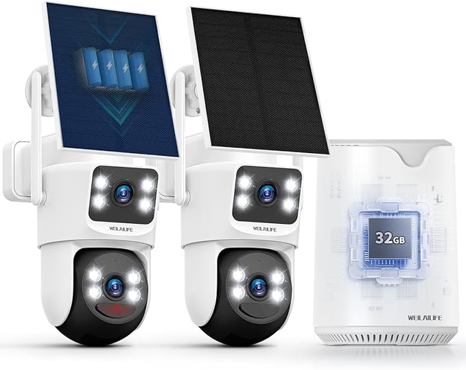 WEILAILIFE 【Auto Tracking & 2-Way Audio Security Cameras Wireless Outdoor, Solar-Powered PTZ Security Camera System, WiFi Home Video Surveillance Systems DVR Kits