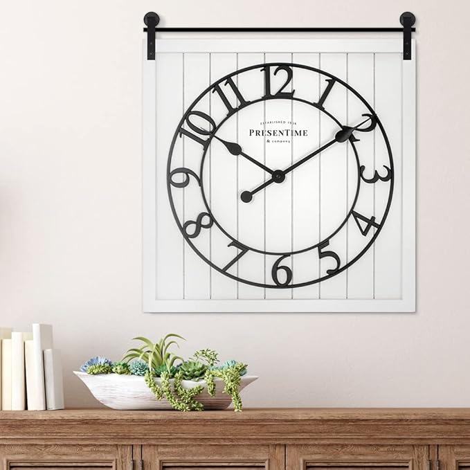 Presentime & Co Farmhouse Barn Door Clock, Shiplap Style, Cream White Color, Silent No Ticking, 3D Arabic Numeral, 23" H x 21" W. Home Decoration/Wall Decoration/Farmhouse Décor.