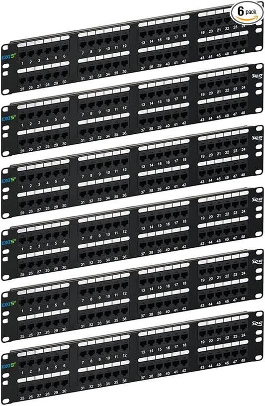 ICC CAT5e Patch Panel, UL Listed & PoE++ Rated Gigabit Applications, Rackmount 48 Port 2U 19-Inch Network Patch Panel with Rear 110 IDC Terminal Blocks for Gigabit Network Switch, Black, Pack of 6