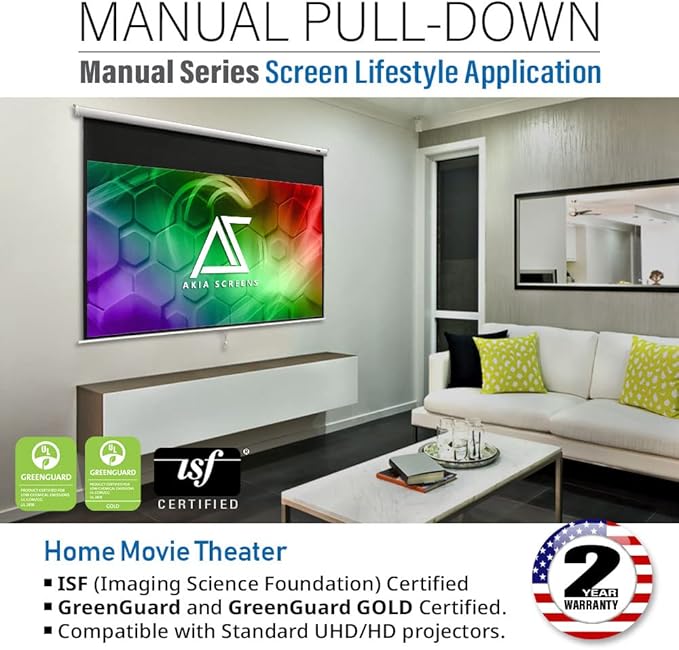 Akia Screens 125 inch Projector Screen Pull Down Manual B 1:1 8K 4K HD 3D Ceiling Wall Mount White Portable Projection Screen Retractable Auto Locking for Indoor Movie Home Theater Office AK-M125S1