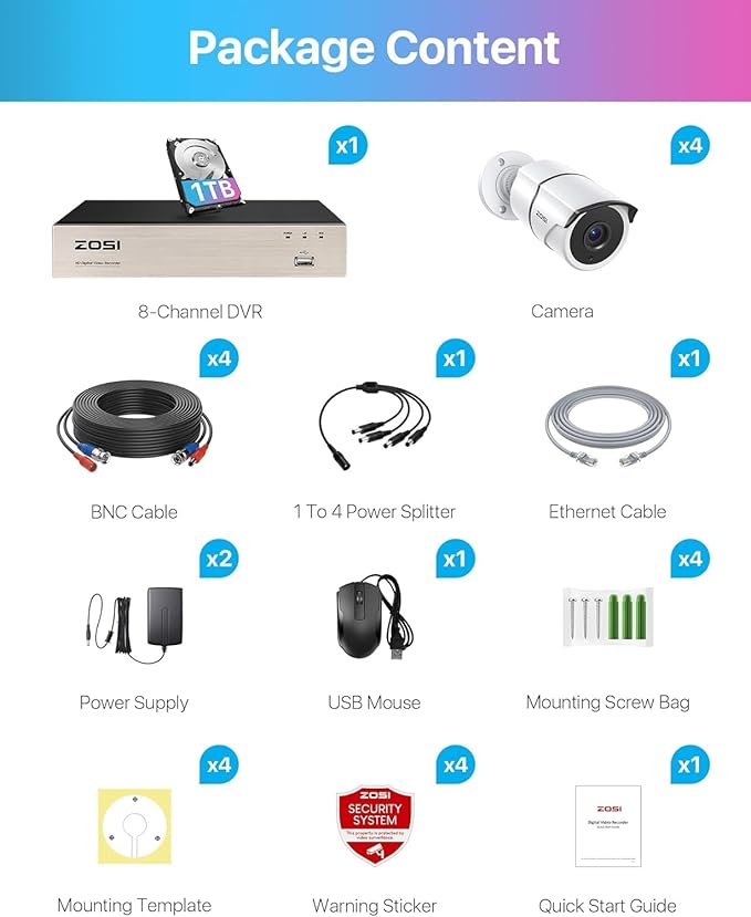 ZOSI 8CH 3K Lite Home Security Camera System Outdoor,AI Human/Vehicle Detection,Night Vision,4pcs 1080P Metal Weatherproof Cameras with 1-Way Audio,H.265+ 8Channel DVR with 1TB HDD for 24/7 Recording