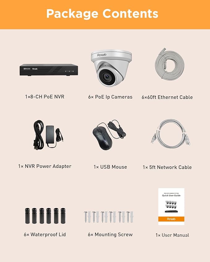 NVR Security Camera System 8 Channel, 6X 5MP Wired Surveillance IP Dome Turret Camera with Person Detection for Home Security, 100ft IR Night Vision, 4K 8CH PoE NVR 2TB HDD, PD93A0608-5M