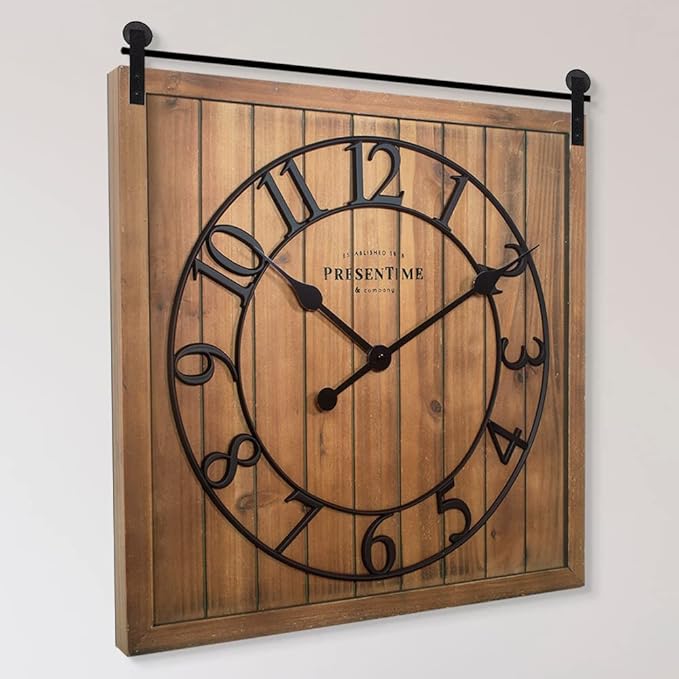 Presentime & Co Farmhouse Barn Door Clock, Shiplap Style, Brown Wood Color, Silent No Ticking, 3D Arabic Numeral, 23" H x 21" W. Home Decoration/Wall Decoration/Farmhouse Décor