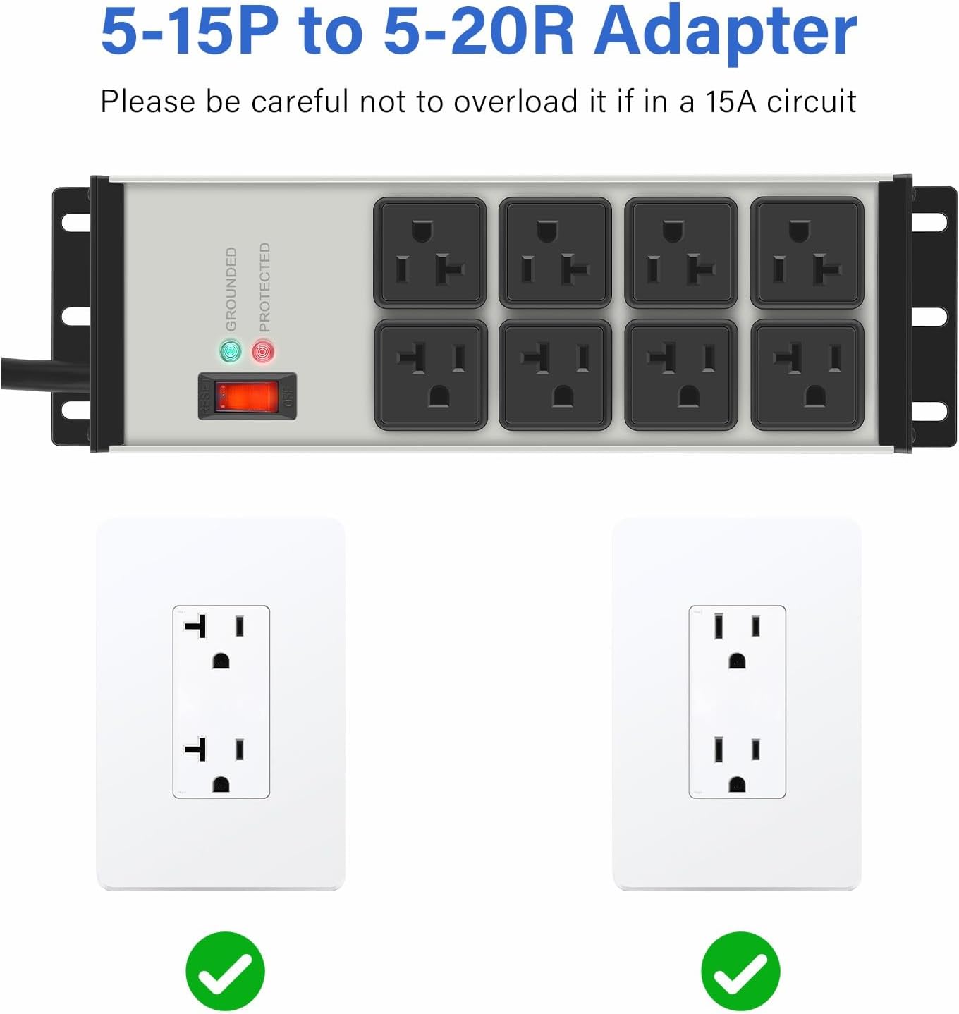 CCCEI Magnetic Heavy Duty Power Strip Surge Protector 20Amp, 12 Gauge High Amp Extension Outlets, Garage Wall Mount 8 Plug Metal Power Strip. 6FT, Grey, 5-15P Adapter 6-20R T-Slot 20a for Appliance