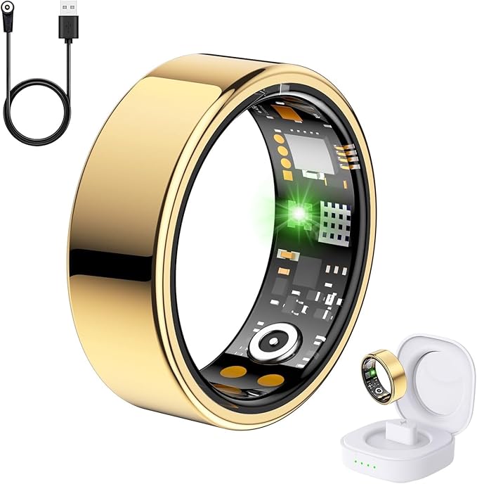 Health Tracker Ring, Smart Health Ring for Women Men with Heart Rate, Blood Oxygen, Sleep Monitor, Steps,Calories, No Subscription Fee, IP68 Waterproof Smart Ring for iPhone & Android (Gold, 12#)