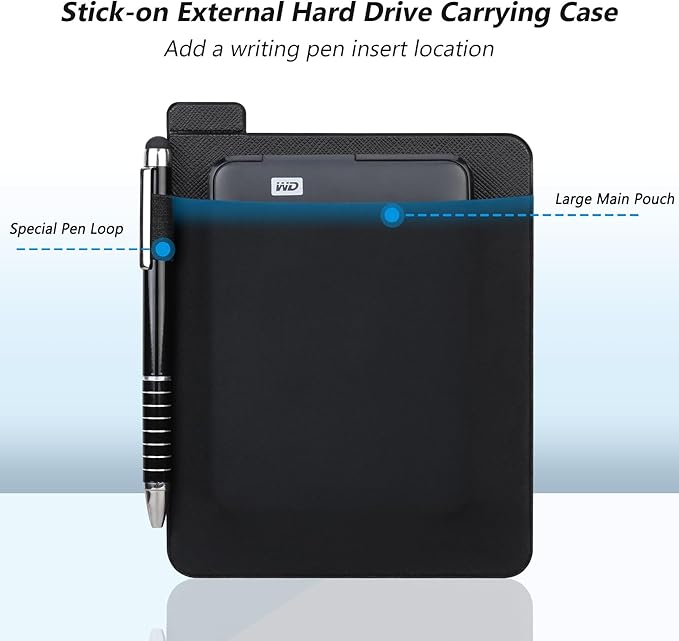 Lacdo Portable External Hard Drive Sleeve for Laptop, Stick on Pouch Holder with Reusable Adhesive, Fit 2.5" Seagate, WD, Toshiba, LaCie External HDD, SSD, Wireless Mouse, Cables, with Pen Loop, Black