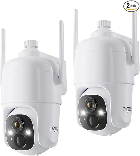 Dzees 360° PTZ Security Cameras Wireless Outdoor WiFi, 2K Battery Powered Home Security Camera Indoor, Spotlight & Siren, Color Night Vision, 2-Way Talk, AI Motion Detection, IP66 2-Pack