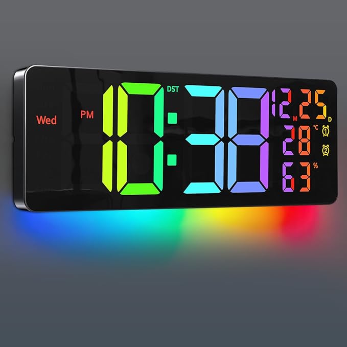 17.2" Large Digital Wall Mount Clock, Count Down Timer, Alarm, Big LED, 11 RGB Color, Temperature for Living Room Classroom Desk, Xmas, Birthday Gift for Senior Mom Dad (Rectangle)