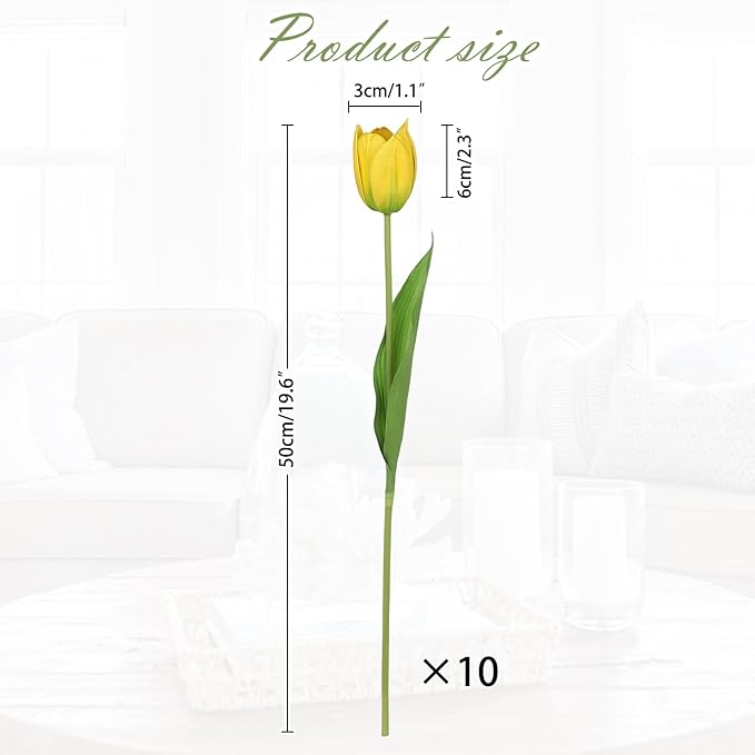 Artificial Tulips Flowers – 20" Long Stem Faux Tulips, 10PCS Real Touch Fake Yellow Tulip for Vase, Farmhouse, Kitchen, Spring & Wedding Home Decor