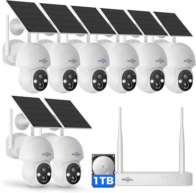 Hiseeu Solar Camera Wireless Outdoor, Home Security Camera System, 2.4G & 5G WiFi, Solar-Powered 4MP 8 Cam-Kit, Color Night Vision, 360° View, Pan & Tilt, 1TB HDD Local Recording, No Montly Fees