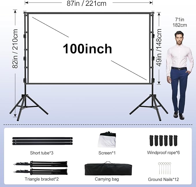 100 inch Projector Screen with Stand,HUANYINGBJB Indoor Projection Screen, Portable 16:9 4K HD Rear Front Movie Screen with Carry Bag for Theater Backyard Movie Night,Cinema School, Churches