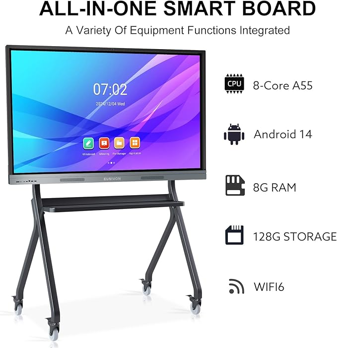 Interactive Whiteboard, 65'' 4K UHD Smart Whiteboard with 13MP Camera, 8+128GB Interactive Touch Screen Smartboard, Smart Board for Classroom and Business (Wall Mount Included)