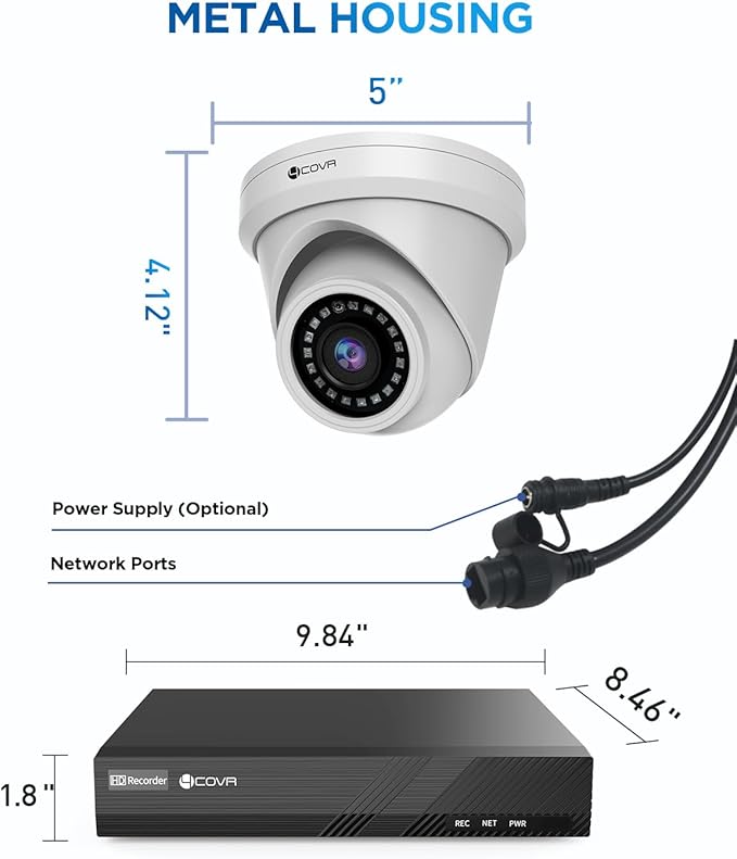 4COVR PoE Security Camera System, Person Vehicle Detection & Night Vision, 8CH 8MP H.265 NVR with 2TB HDD, 4Pcs 8MP Wired Dome PoE IP Camera with Audio, IP67 Weatherproof Outdoor, LY97AX8M0804-1