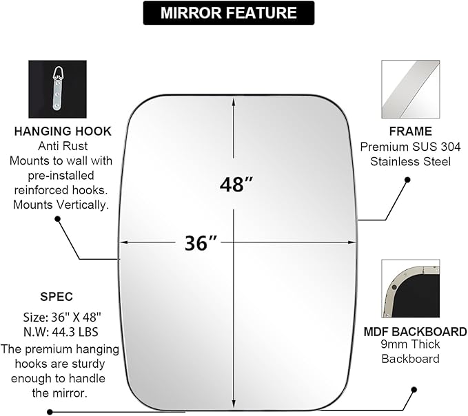 ANDY STAR Chrome Oblong Mirror, 36x48 Inch Polished Chrome Oval Mirror for Bathroom with Stainless Steel Metal Frame, Wall Mouned for Bathroom, Living Room, Entryway