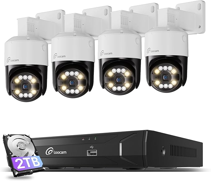 Loocam 5MP Home Security Camera System, 4pcs Pan & Tilt Wired PoE IP Cameras Set for Indoor Outdoor, AI Person/Pet/Vehicle Detection, Color Night Vision, 4K 8CH NVR 2TB HDD Included, Plug & Play