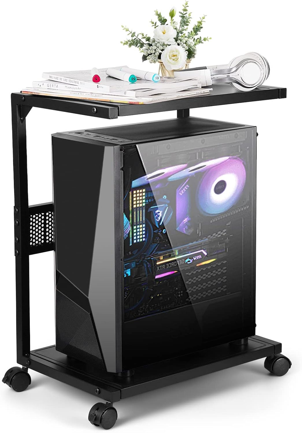 PC Stand Computer Tower Stand 2-Tier Metal CPU Holder with Locking Caster Wheels Suitable for Most PC (S,Black)