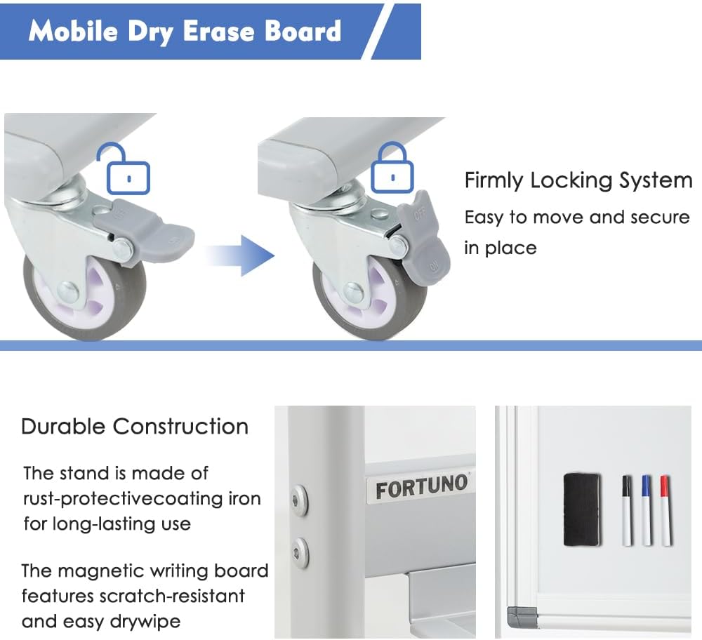 FORTUNO Magnetic Mobile Whiteboard 48"x36", Rolling Double Sided Dry Erase Board with Stand, Reversible Adjustable Height/Angle Easel White Board on Wheels 4' x 3' for Office Classroom Home