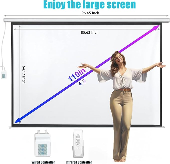 110" Motorized Projector Screen, Electric 4:3 Projector Screen with Remote Control, Indoor/Outdoor HD Movie Screen, Wall/Ceiling Mounted, Perfect for Home Office Theater TV, White