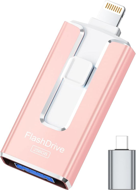 MFi Certified 256GB Flash Drive for iPhone iPad, Photo Stick for External Memory Storage, Easily Back Up and Save Photos Videos, 4 in 1 Memory Stick Thumb Drive for iPhone/iPad/Android/PC (Light Pink)