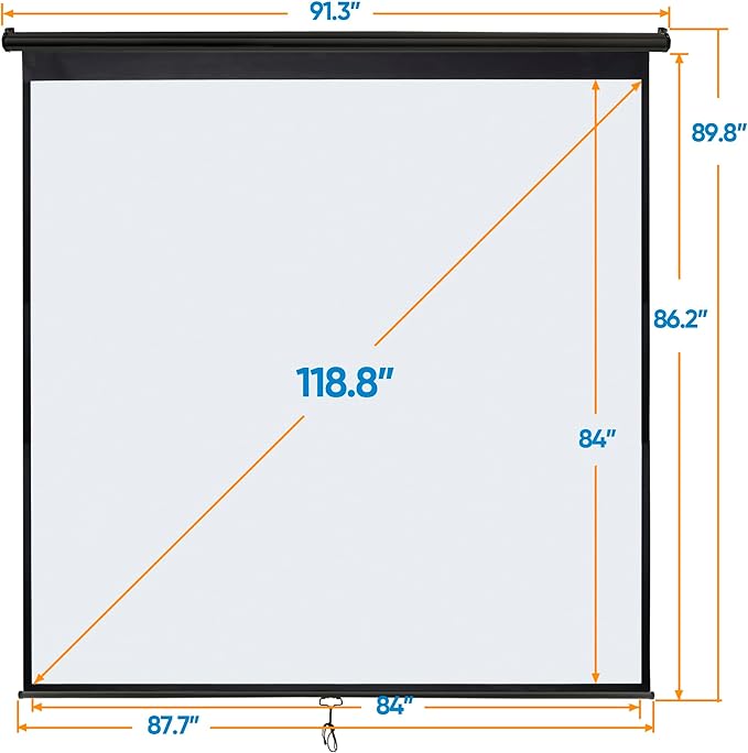 Smartxchoices 120" HD Manual Projector Screen 1:1 Format with Auto Lock Anti-Crease Home Theater Office Wall Mounted Ceiling Pull Down Projection 1.1 Gain Matte Black,View Size: 84 x 84 inches