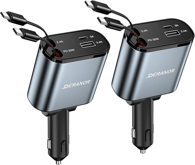 [2 Pack] Retractable Car Charger 4 in 1 Fast Car Phone Charger 69W, USB C Car Truck Accessories Adapter with 2X Retractable Phone Charger Cords and USB Port for i Phone 17/16/15/14,for Samsung S25/S24