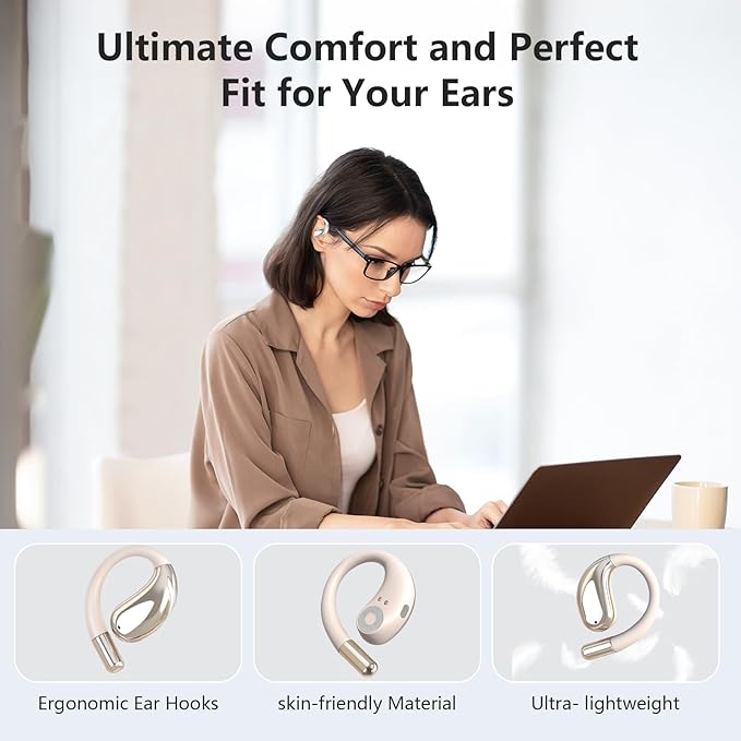 Open Ear Clip Wireless Earbuds Bone Conduction Headphones, Bluetooth 5.4, Open Ear Design, Built-in Mic, IPX7 Waterproof, LED Display Charging Case,Ear Hooks Ear Buds,Design for Running Fitness
