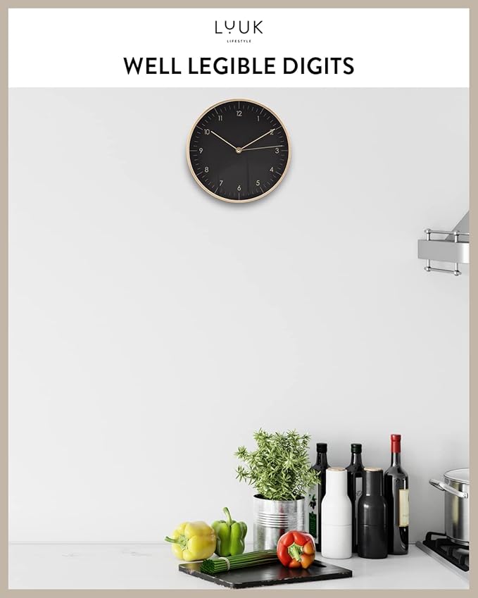 LUUK LIFESTYLE Modern Wall Clock with Silent Movement and no Ticking, Scandinavian Design, Gift idea, Decoration for Living Room, Kitchen, Hallway, in Black & Gold