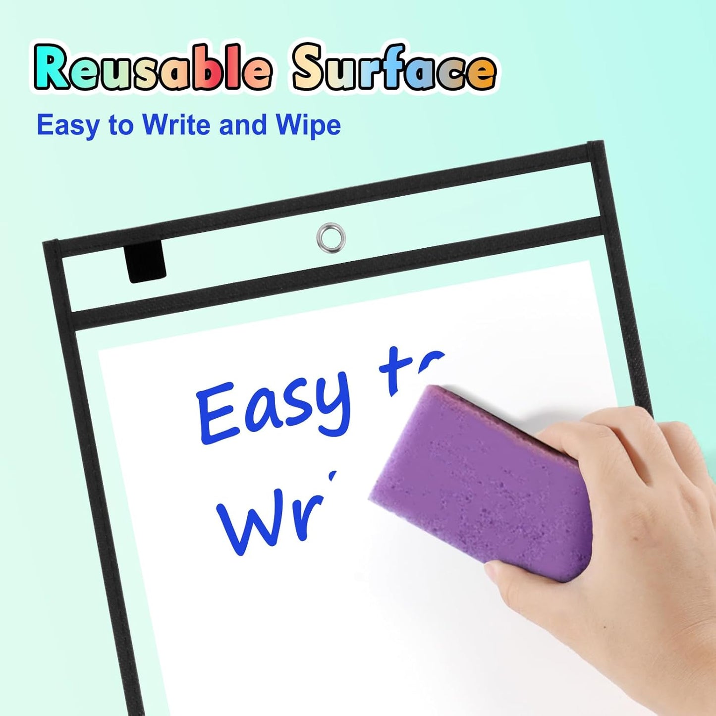 50 Packs Dry Erase Pocket Sleeves, Reusable Clear Plastic Classroom Sleeves, 10x14 Inch Ticket Holders, Plastic Sleeves for School/Office Organization Black