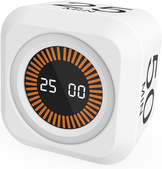 Rotating Cube Pomodoro Timer 5, 25, 10, 50 Min Preset + Custom Countdown, Desk Productivity Flip Visual Timer w/Silicone Case, Silent Mode, Ideal for ADHD Tool Study Work School (White)