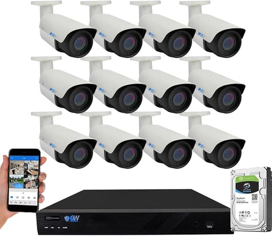 GW Security 16 Channel 4K NVR 8MP AI Human Detection Starlight Color Night Vision Security Camera System with 12 UHD 4K 2160P Microphone PoE Outdoor/Indoor Weatherproof IP Security Bullet Cameras