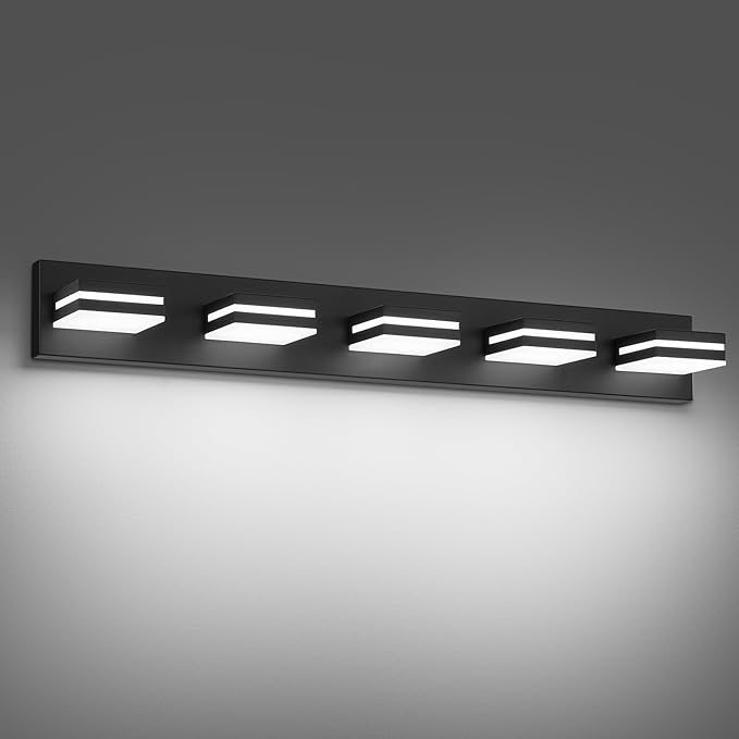 Modern LED Bathroom Lights Fixtures(5-Light),Metal Black Acrylic Wall Lighting,Vanity Lights for Bathroom Over Mirror(6000k 34in)