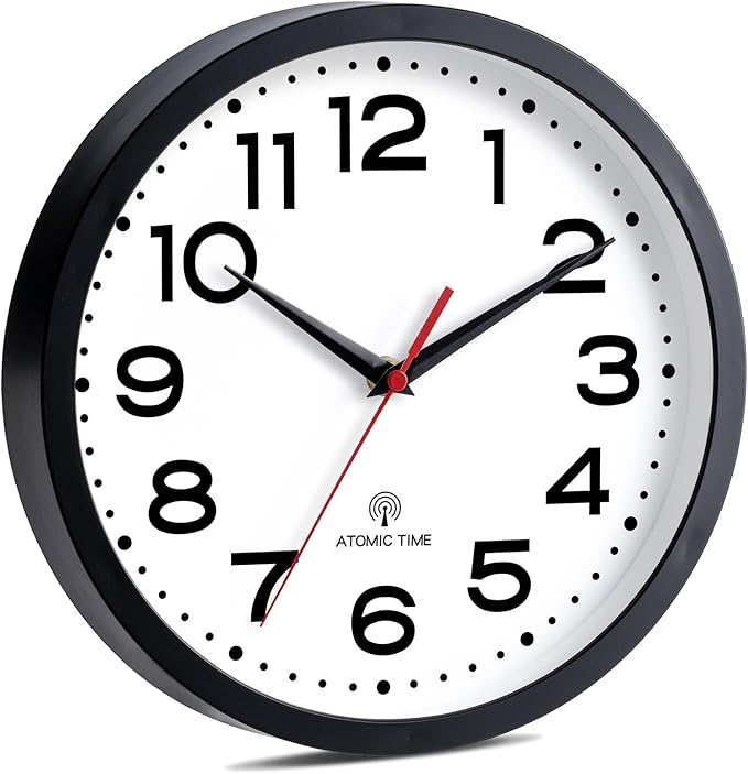 Atomic Wall Clock 10 Inch, Modern Clock Battery Operated Classic Analog Decorative for Kitchen, Living Room, Office, Bedroom, Bathroom (Black)