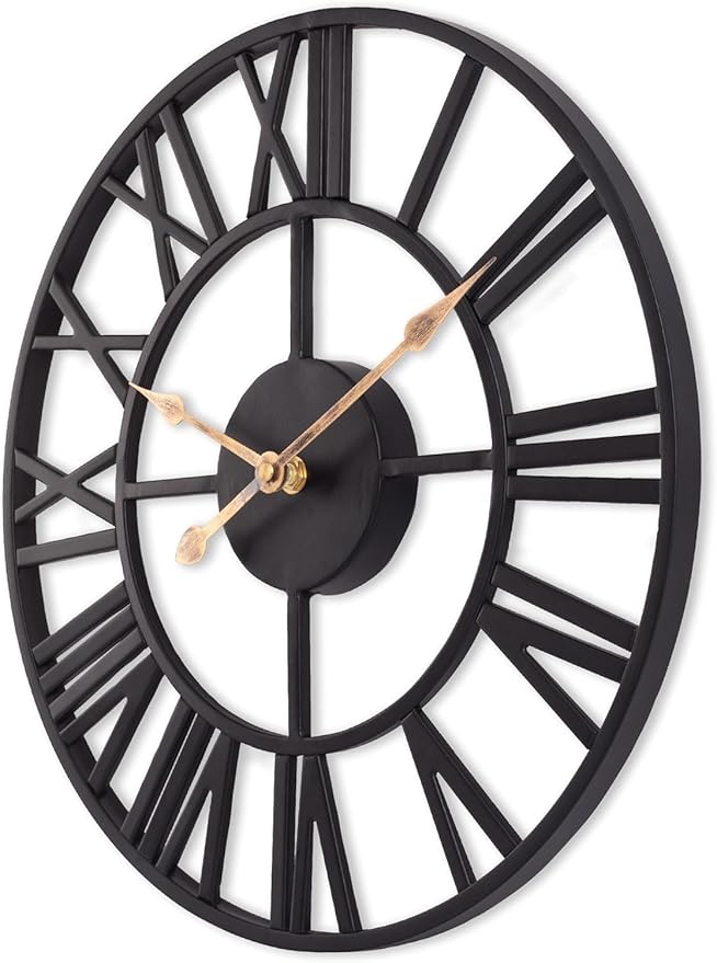 BEW Wall Clocks for Living Room Decor, Black Metal Skeleton Wall Clock Silent Battery Operated, Rustic European Industrial Farmhouse Decorative Wall Clocks for Kitchen, Bedroom, Dining Room-14 in