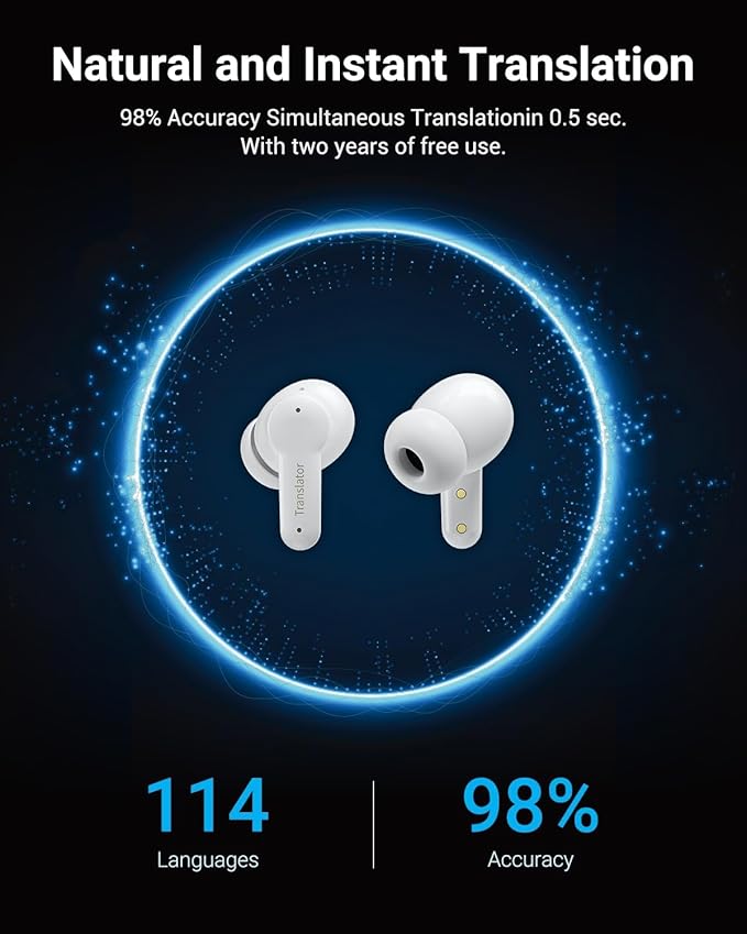 Ai Translation Earbuds Real Time, 144 Languages Translator Earbuds with 5 Translation Modes, Translating Earbuds for Travel/Business/Learning, Audifonos Traductores Inglés Español - White