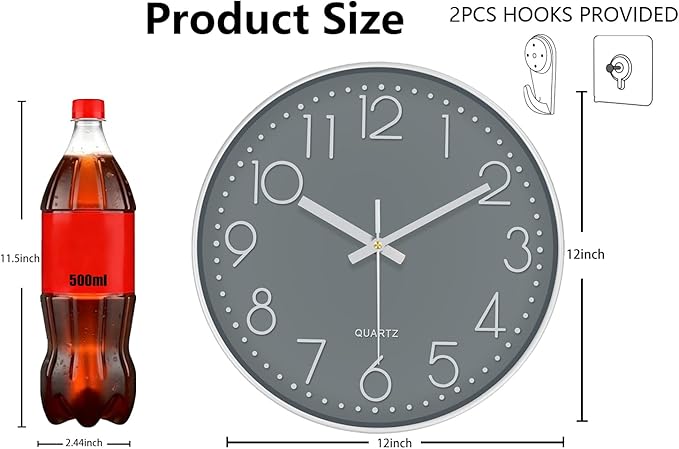 Modern Silent Wall Clock - 12 Inch Wall Clocks Battery Operated Large Number, Non-Ticking Analog Clock with Tempered Glass Quartz Clocks for Living Room Bedroom Office Kitchen, Grey