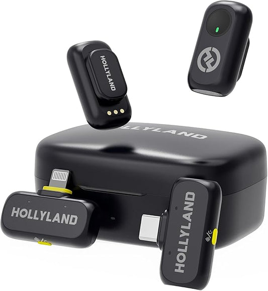 Hollyland Lark A1 Wireless Mini Microphone for iPhone & Android, 48kHz/24-bit, 3-Level Intelligent Noise Cancel, Microphone for YouTube, Podcast, Vlogging (Black, 2TX + 2RX + Charging Case)