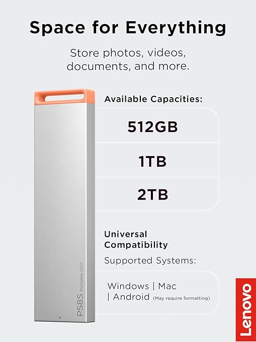 Lenovo PS8S 2TB Portable SSD, Up to 1050MB/s Read, 1000MB/s Write, USB 3.2 USB-C, Slim Lightweight (40g) Aluminum Body, Reliable Storage for PC/Mac & Android