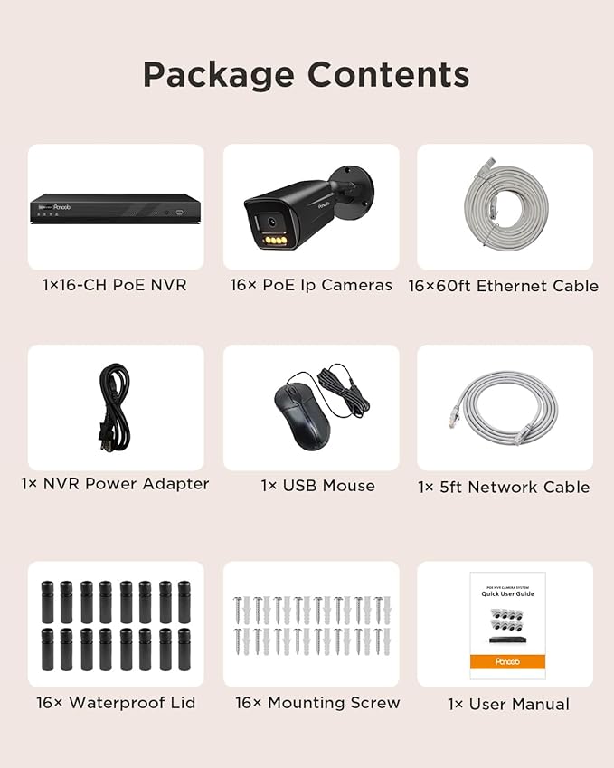 16 Channel Security Camera System 4K PoE, 16x 8MP IP Bullet Cameras Outdoor, 16CH NVR & 4TB HDD, Smart Color Night Vision, 2 Way Audio, AI Human Vehicle Detection, Remote Access, PB65B1616-8MD