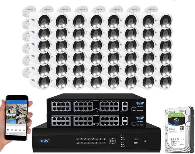 GW 4K Outdoor Indoor Face Recognition/Human/Vehicle Detection Security Camera System, 64 Channel 8MP NVR, 48 x 4K Smart AI IP Microphone Bullet Camera, Video & Audio Recording, 24TB Pre-Installed HDD