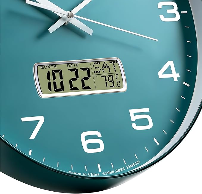 Wall Clock, 12" Dial Non-Ticking Silent Battery Operated Analog with LCD Display for Perpetual Calendar and F° Temperature, Ideal Modern Home, Bedroom, Kitchen, Office Decor (Green)
