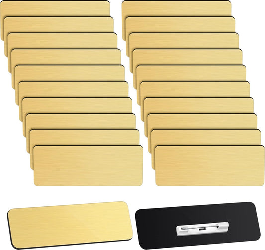Breling 100 Pieces Name Tags with Pins 1 x 3 Inches Blank Name Tags Reusable ID Badge Holders with Clip for Office Workers Students Employee Custom(Gold)