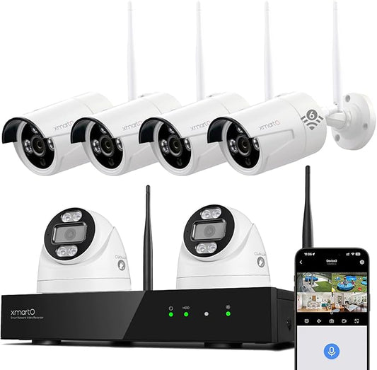 xmartO 10CH 6 Pcs Home Security Camera Kit, 2 * 2K HD Dome Camera and 4 * 2K 3MP Super HD WiFi Home Security Camera, 2-Way Audio, Night Vision, 24/7 Surveillance Camera, No Monthly Fee