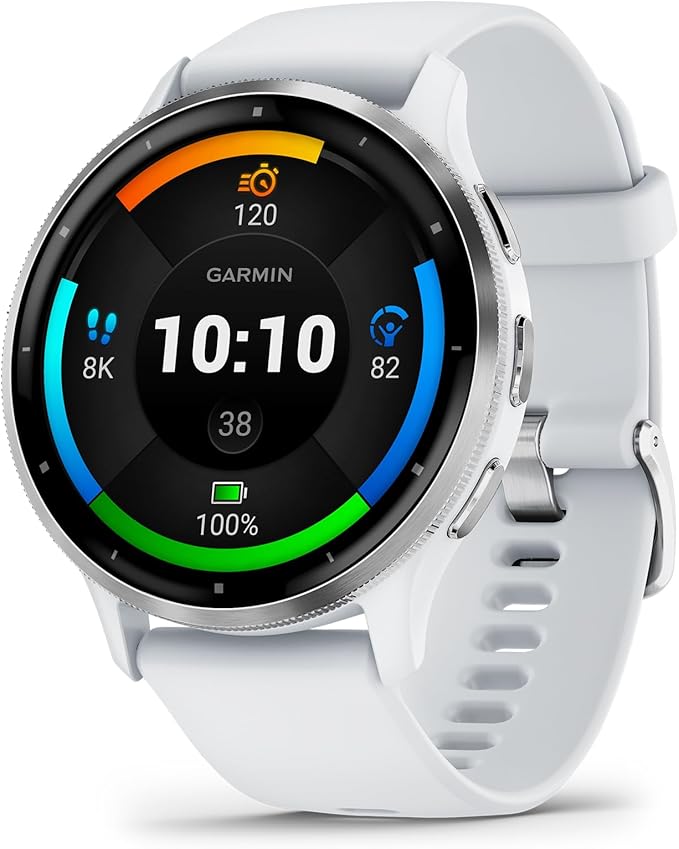 Garmin Venu 3 Running GPS Smartwatch with AMOLED Display, Advanced Health, Fitness Features, Up to 14 Day Battery Life with Signature Series Modern Power Stand | Silver with Whitestone Silicone Band