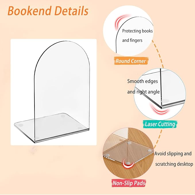 Lulonpon 8 Pieces Book Ends for Shelves, Heavy Books, School, Library, Desktop Organizer - Clear Acrylic Bookends