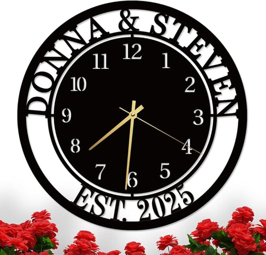 Custom Large Last Name and EST Large Metal Wall Clock, Personalized Metal Family Name Clocks, Silent Clock for Wall, Love Theme Clocks Sign, Living Room Decor, Housewarming Gift